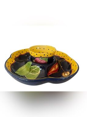 Laurie Gates Hand Painted Ceramic Chip Dip Veggie Serving Platter Bowl